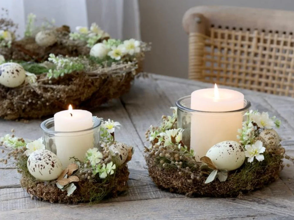 Flower Wreath Hurricane Lantern - Natural