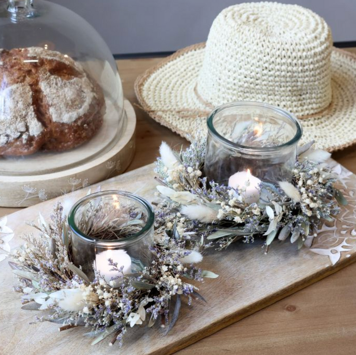 Flower Wreath Hurricane Lantern - natural flowers